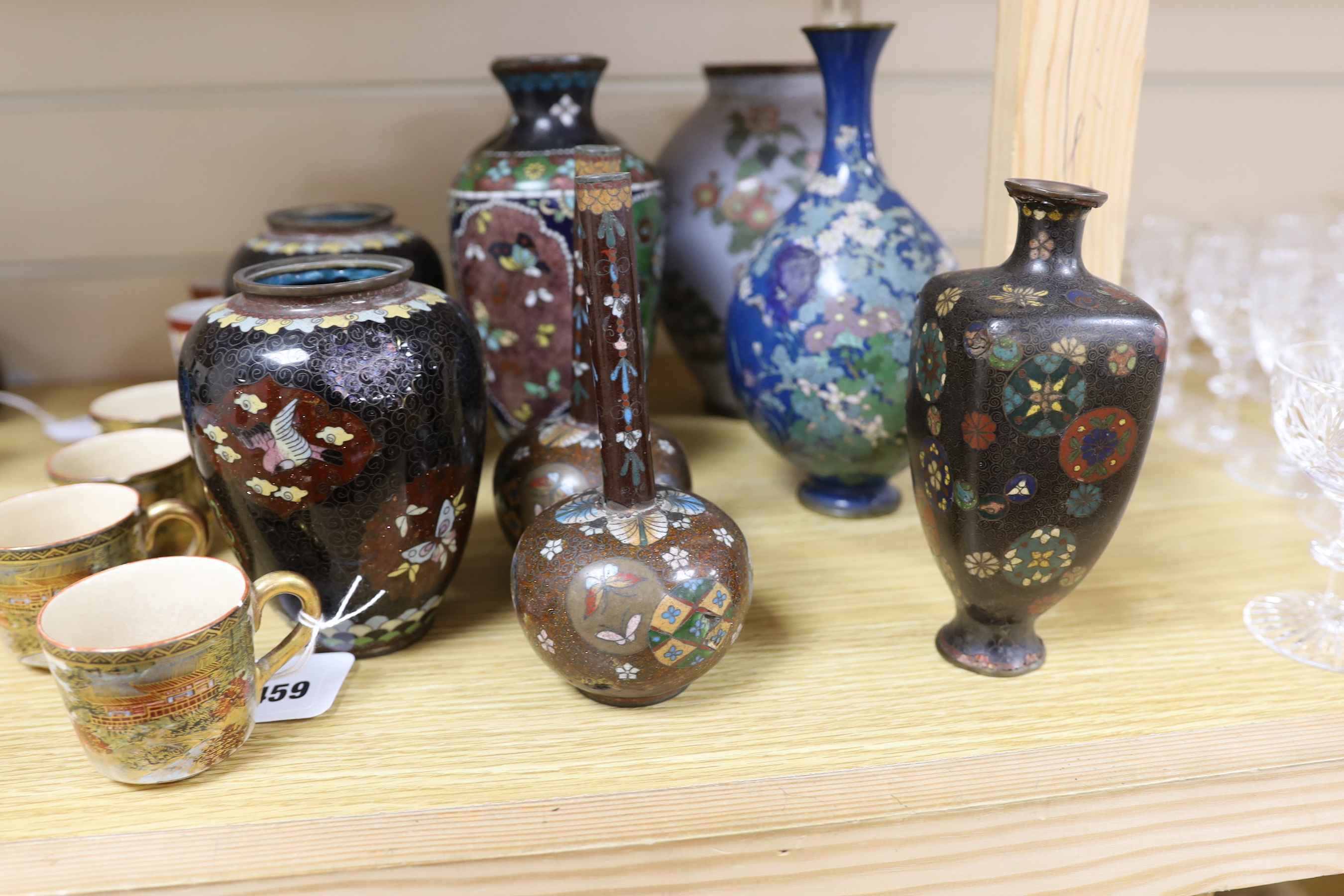 Assorted Japanese cloisonné enamel and satsuma pottery wares, tallest 20cm high